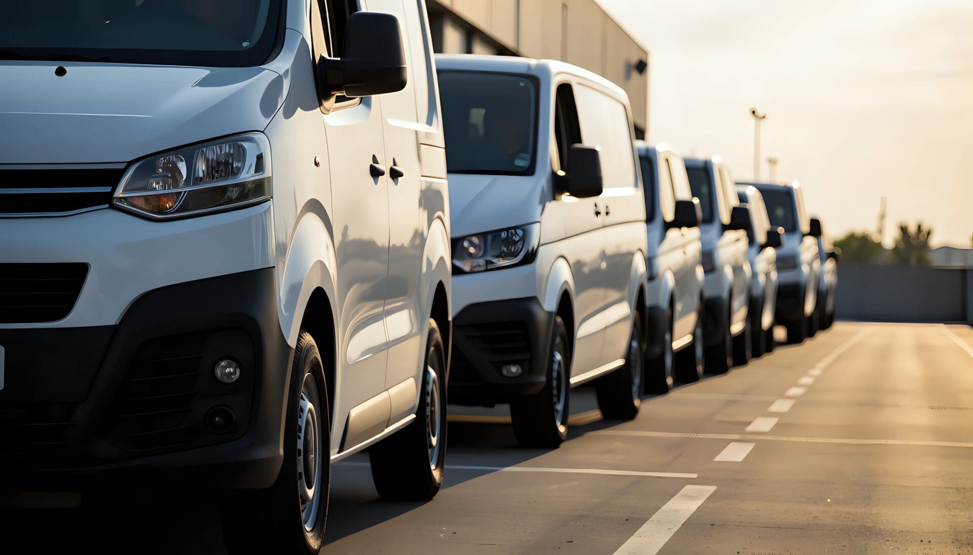 Line of white delivery vans parked at a distribution center